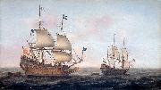 Jacob Gerritz. Loeff, Monogrammist JGL French man-of-war escorted by a Dutch ship in quiet water France oil painting artist